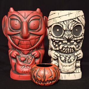 Tiki Farm Trick Or Treat Mug Set of 3 Vampire Mummy Pumpkin Halloween Holiday